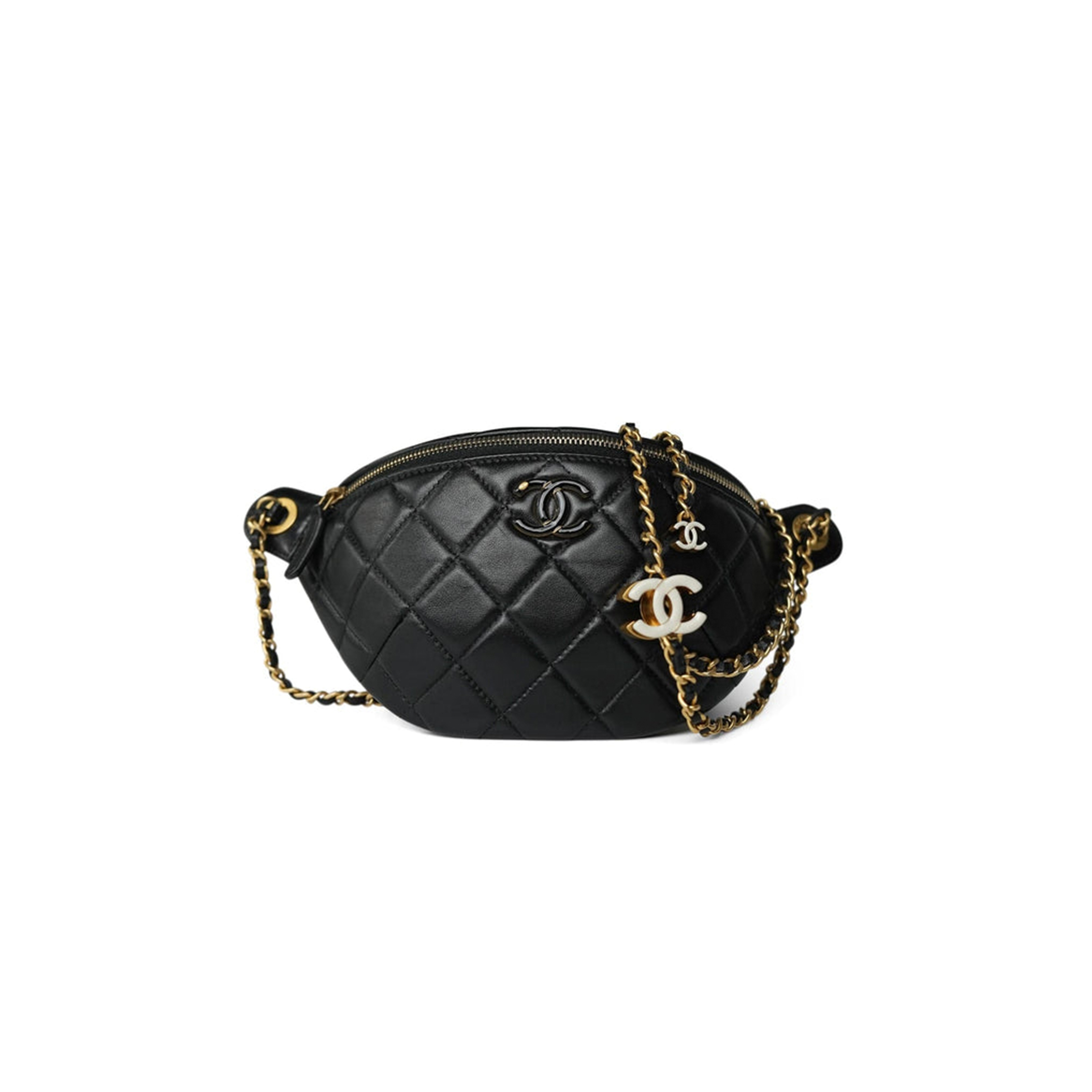 Ch*el 24a black lambskin quilted waist bag bumbag enamel cc chain aged gold hardware as4113 (27*13cm)